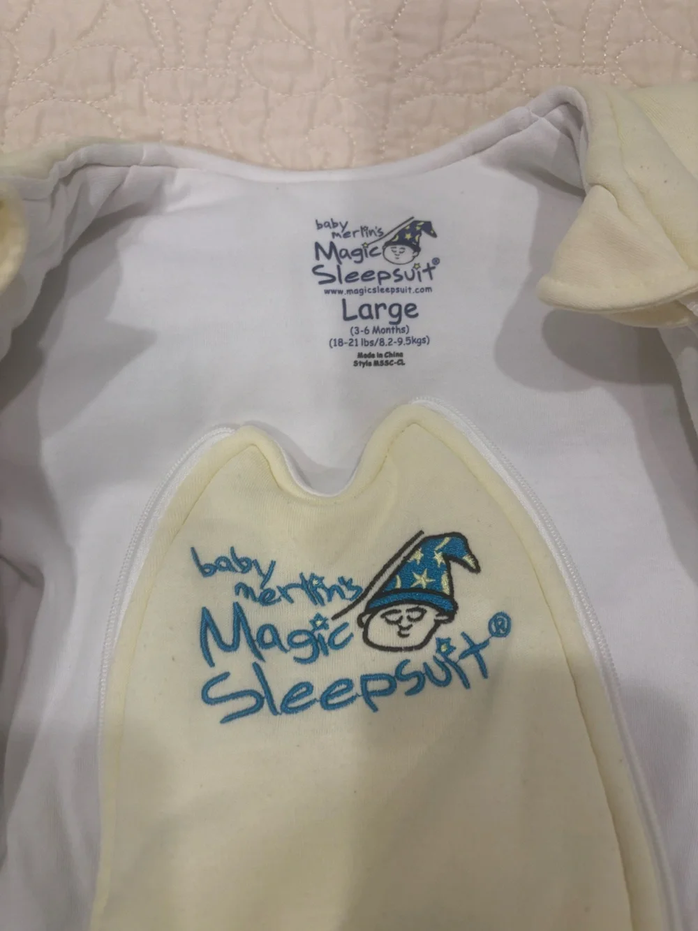 Baby Magic Sleepsuit Large - White & Cream with Blue Embroidery